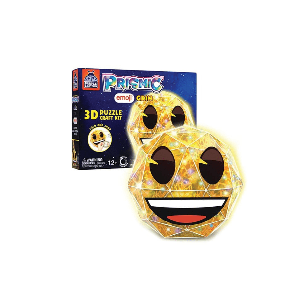 Light-up 3D puzzle craft kit with grin emoji face and glowing gold geometric frame