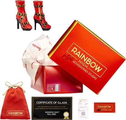 Red high-heel doll boots with gold studs and ankle straps