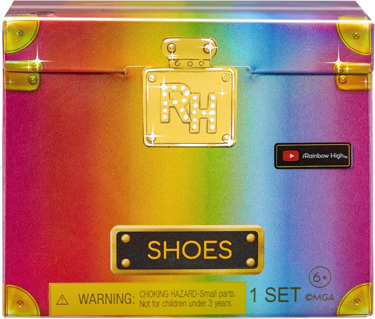 Rainbow gradient doll shoes box labeled "SHOES" and "1 set"