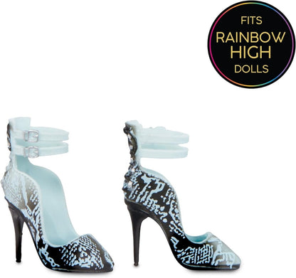 Light blue and black patterned doll heels with ankle strap and slim stiletto