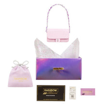 Mini handbag set: pink textured shoulder bag with purple iridescent mini bag