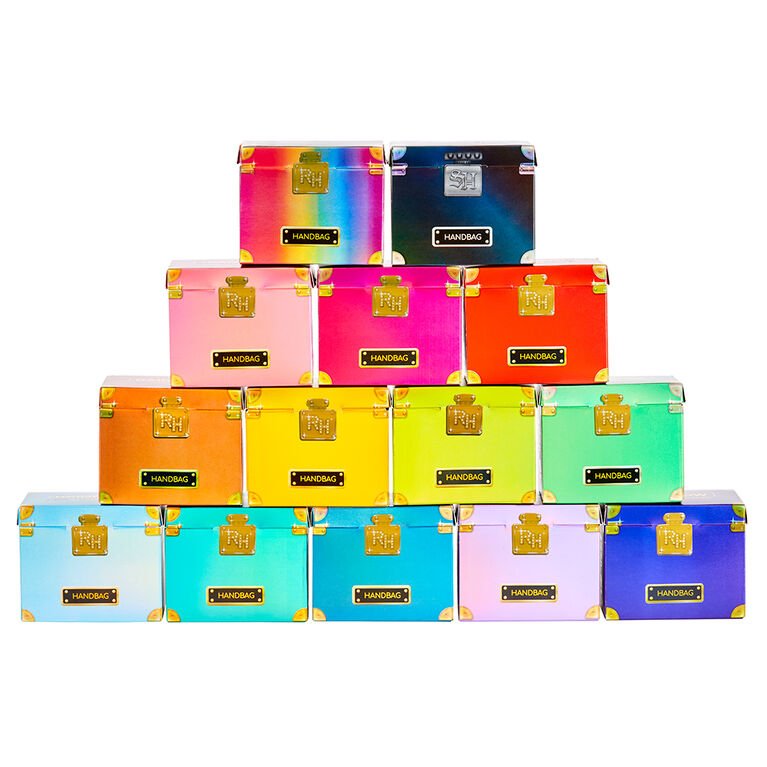 Mini handbags display: multiple small rainbow color box-style bags with gold clasps