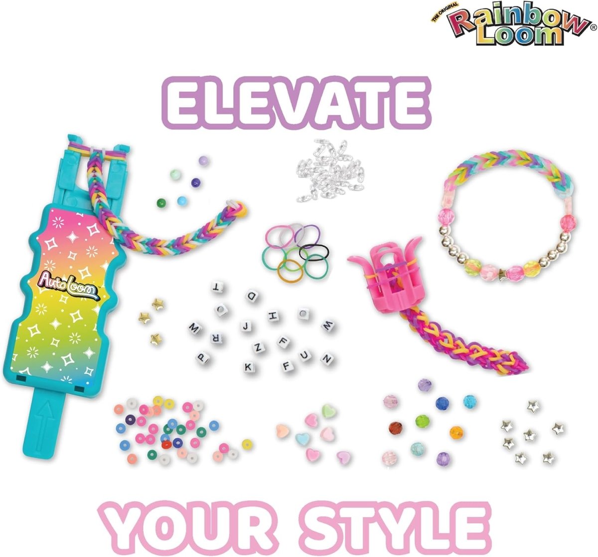 Auto Loom bracelet-making kit with loom tool, clips, bead pieces, and example bracelets