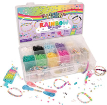 Rainbow Loom Auto Loom bracelet kit with rainbow beads, bands, charms, and a clear case