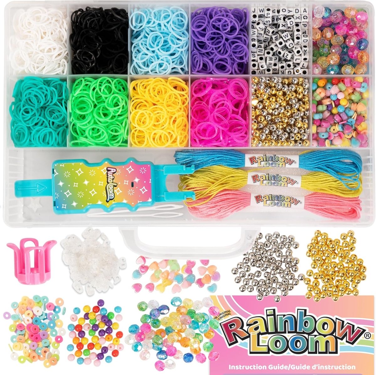 Rainbow Loom Auto Loom kit contents: multicolor bands, bead trays, letter tiles, clips and strings