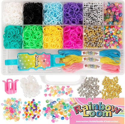 Rainbow Loom Auto Loom kit contents: multicolor bands, bead trays, letter tiles, clips and strings