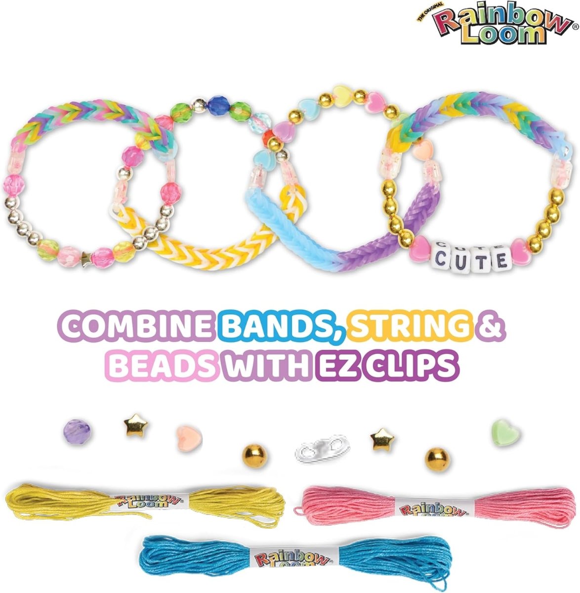 Finished braided bead bracelets with colorful bands, star beads, and heart details