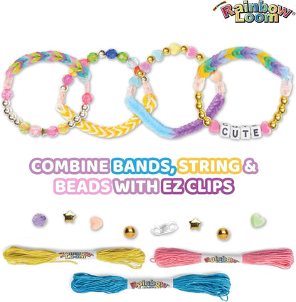 Finished braided bead bracelets with colorful bands, star beads, and heart details