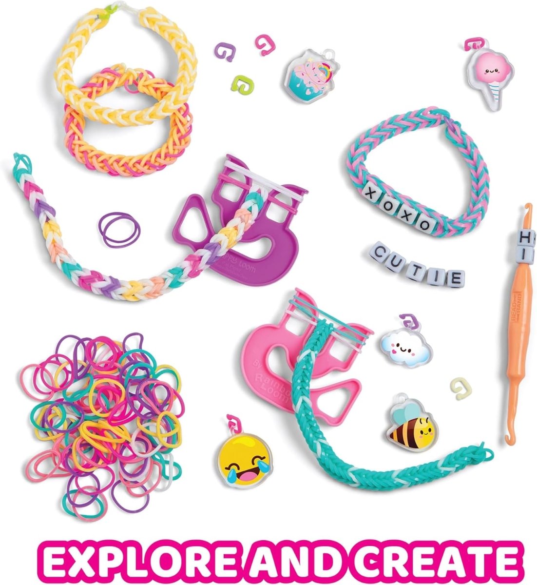 Multicolor braided rubber band bracelets with animal charms and letter beads.