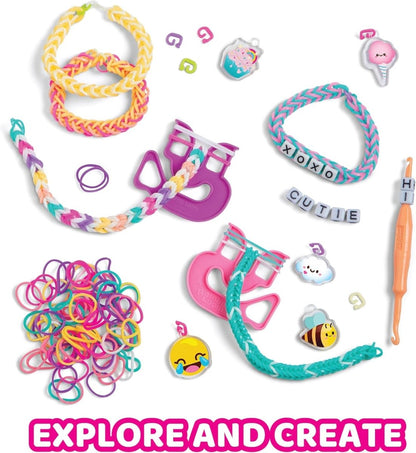 Multicolor braided rubber band bracelets with animal charms and letter beads.