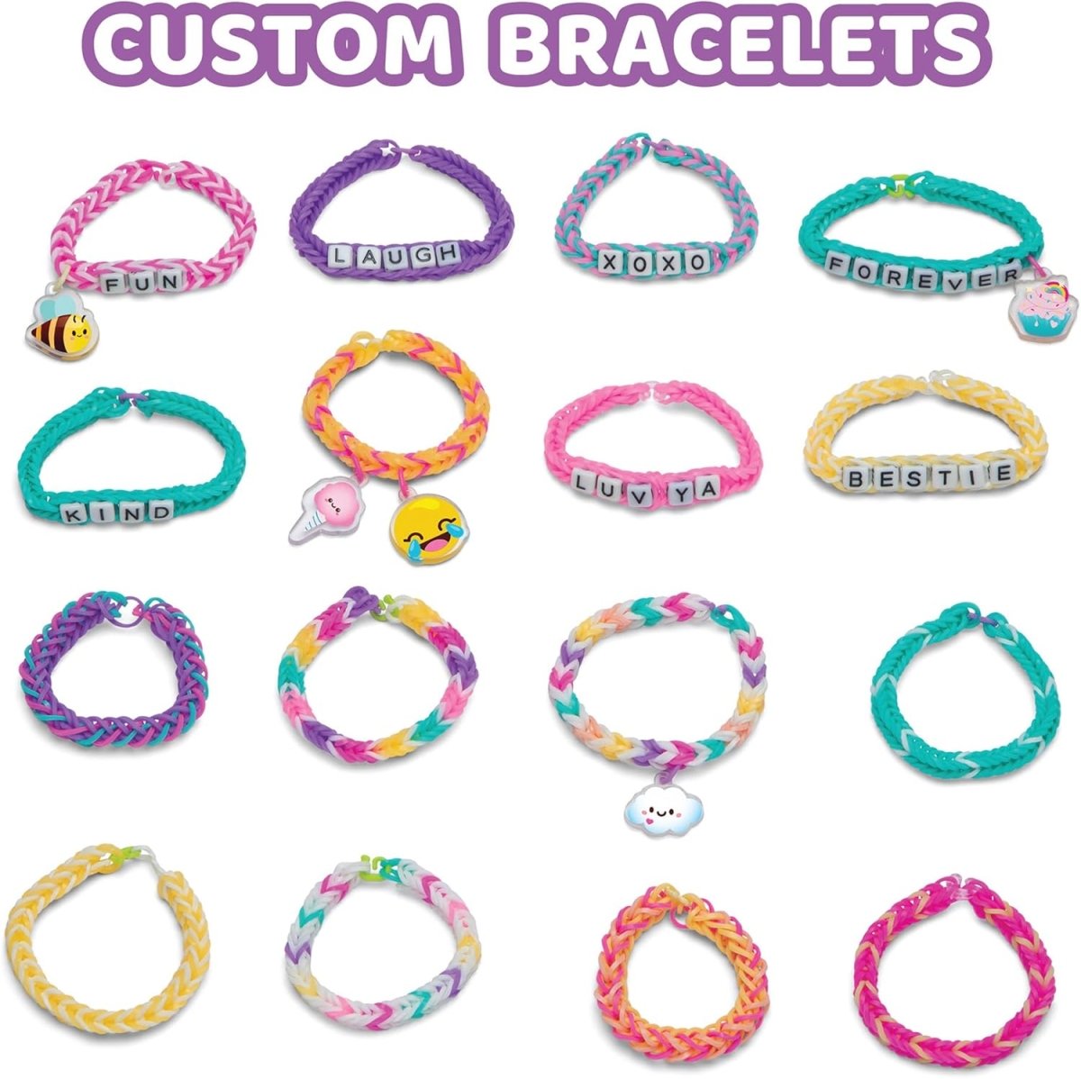 Custom Forever Friends bracelets: multiple braided bands with letter and animal charms.