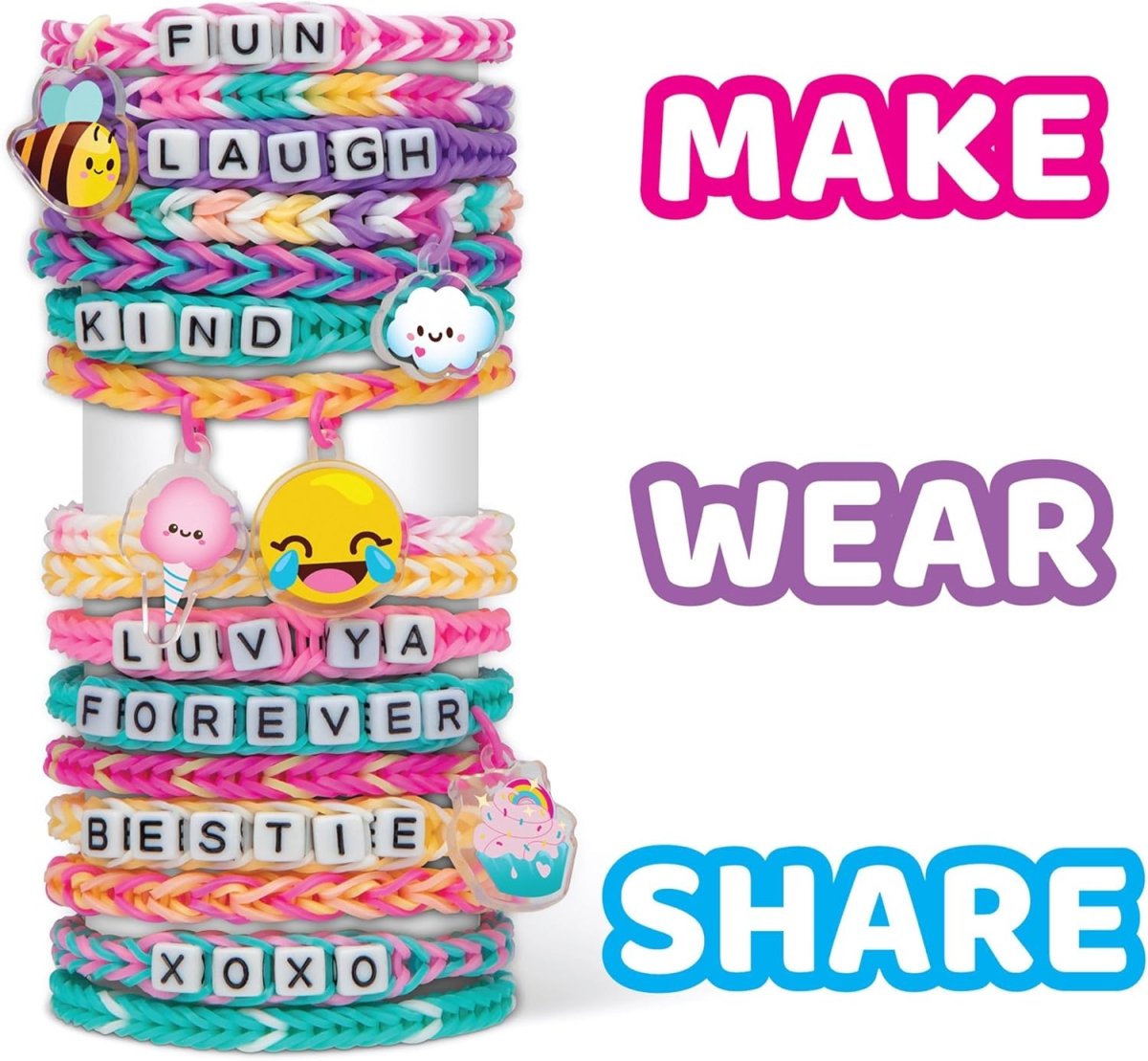 Stack of multicolor Forever Friends braided bracelets with letter tags and cute charms.