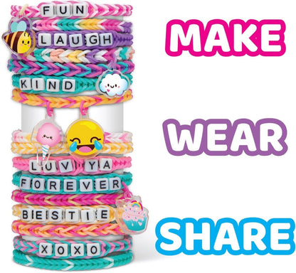 Stack of multicolor Forever Friends braided bracelets with letter tags and cute charms.
