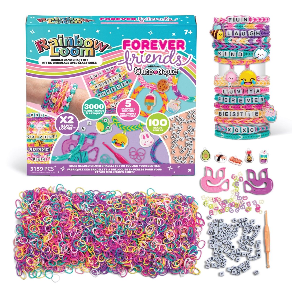 Forever Friends rubber band bracelet kit box, rainbow loom style, colorful bands and charms, 7+.