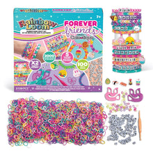Forever Friends rubber band bracelet kit box, rainbow loom style, colorful bands and charms, 7+.