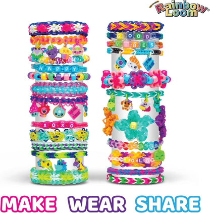 Two stacked Loomi-Pals bracelets with colorful charms and woven rubber bands