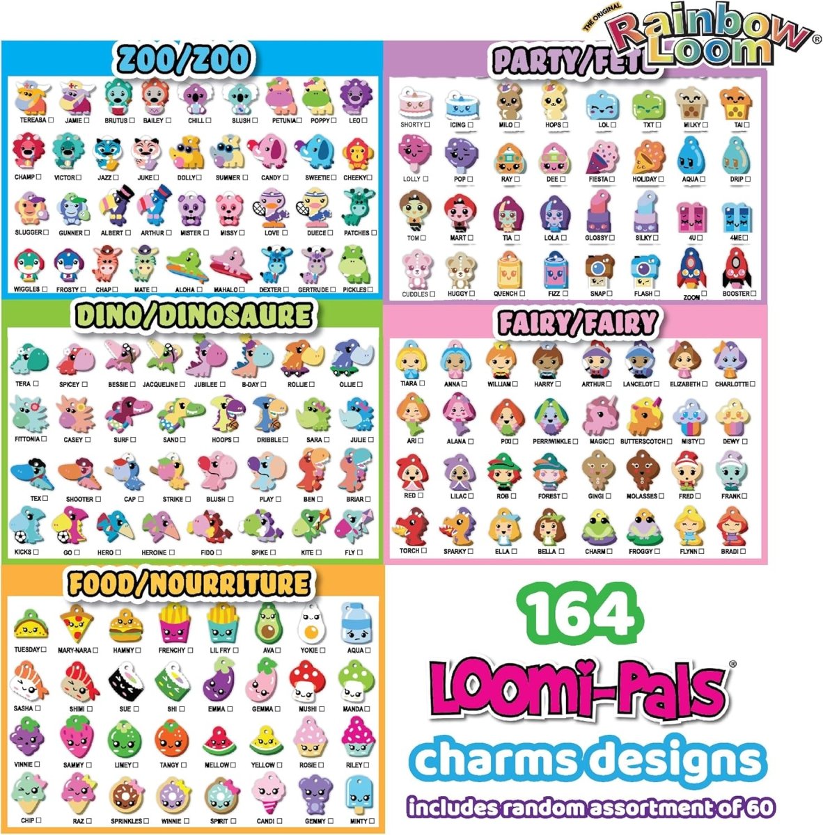 Loomi-Pals charms design chart with random assortment of 60 charms, 164 designs