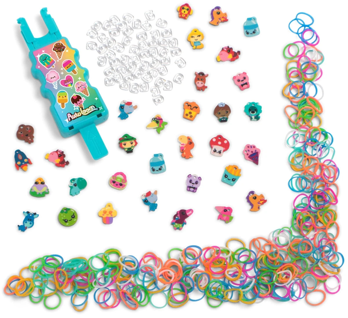 Auto Loomi-Pals tool, rainbow rubber bands, animal charm pieces, and clear charm shapes