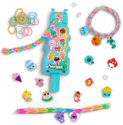 Loomi-Pals auto loom with multicolor rubber-braid bracelet and animal charm pieces