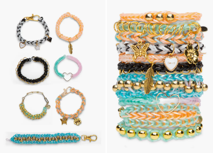 Assorted charm and bead bracelets in black, gold, turquoise, and orange, with clasps