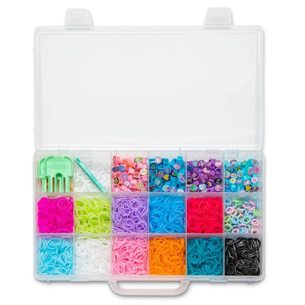 Beadmoji Deluxe Aufbewahrungsbox mit farbigen Gummibändern und kleinen Perlen-Teilen