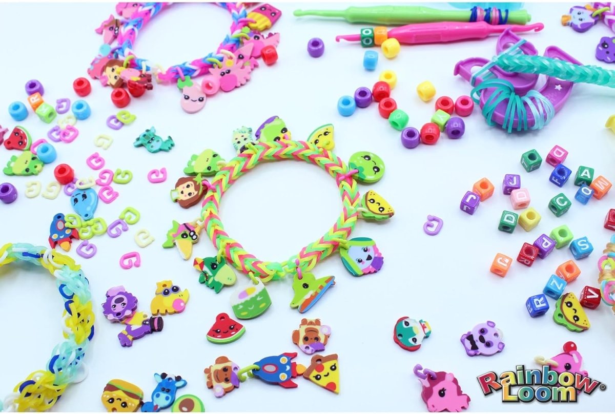 Colorful Rainbow Loom braided bracelet with charm accessories and alphabet beads