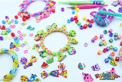 Colorful Rainbow Loom braided bracelet with charm accessories and alphabet beads