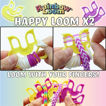 Rainbow Loom Happy Loom X2 with yellow and purple looms and colorful bands