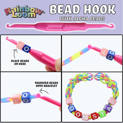 Pink Rainbow Loom bead hook with alpha beads for lettering and bracelet making