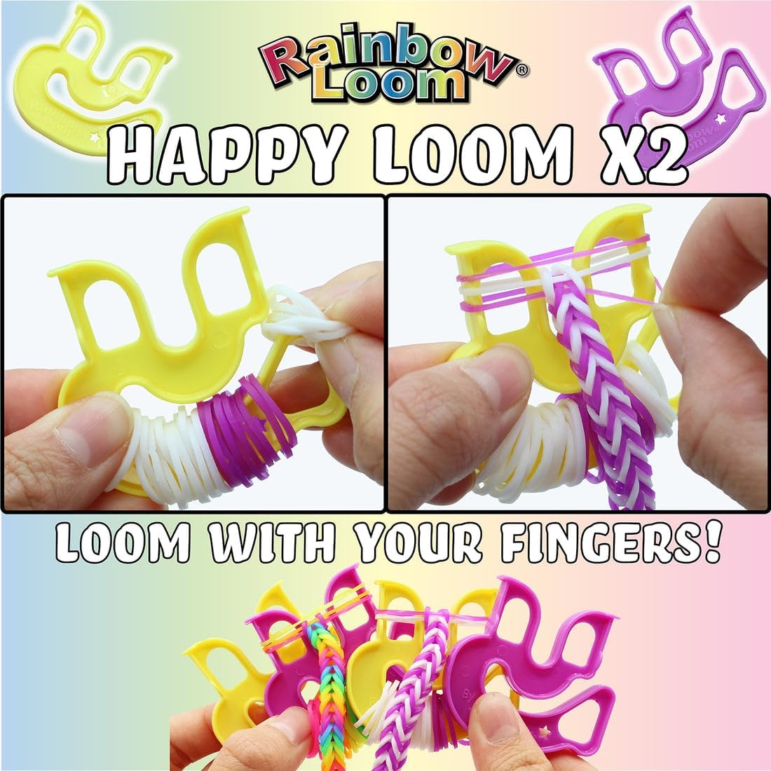Happy Loom X2 Anleitung: gelbe und violette Bügel mit Zopfband