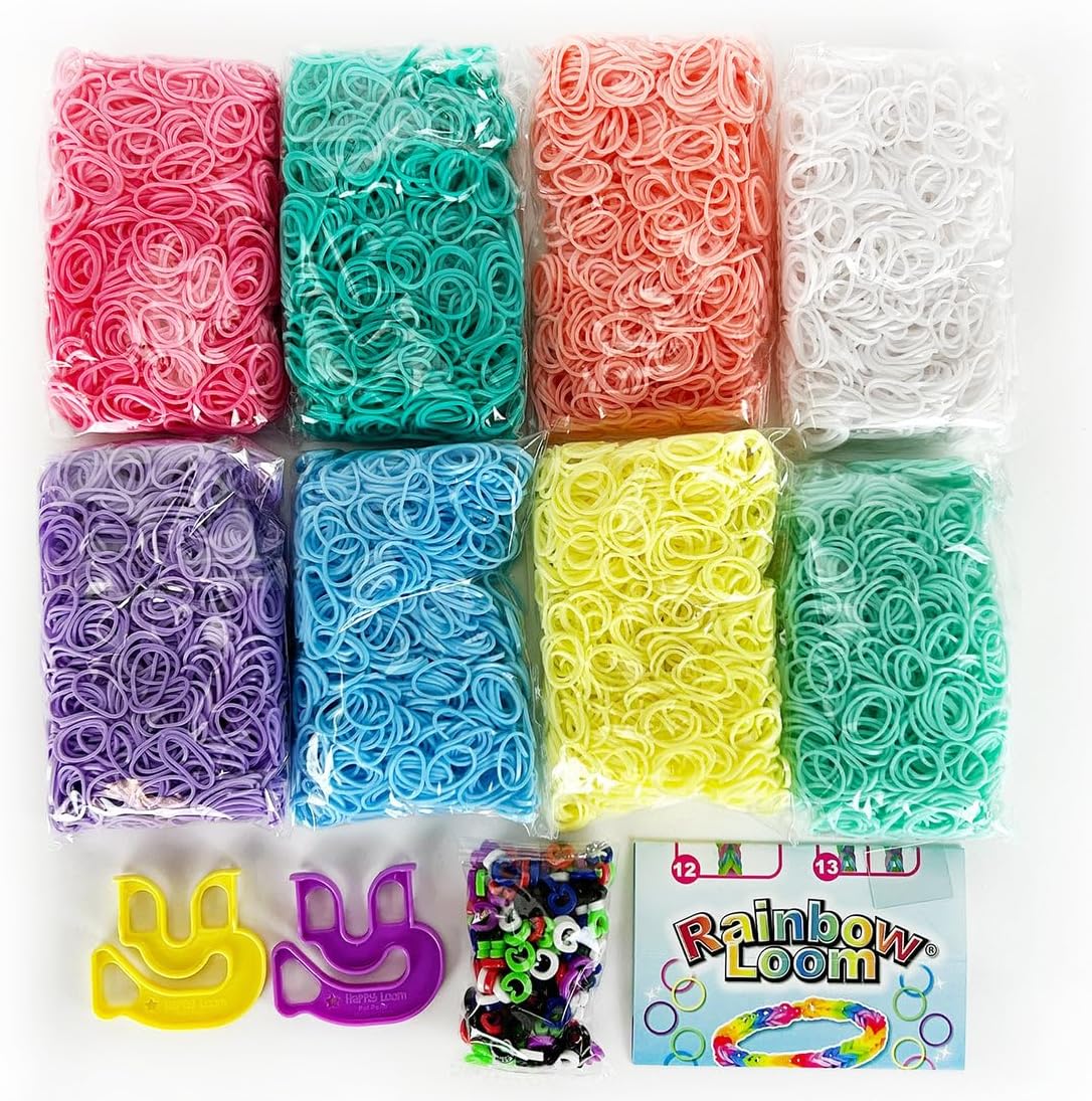 Pastell-Gummibänder in vielen Farben mit bunten Rainbow Loom Rahmen-Teilen