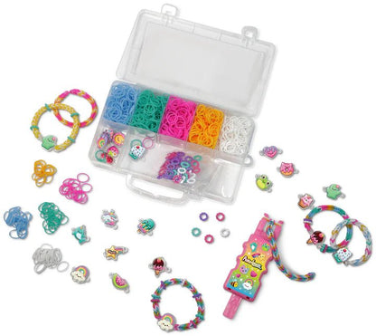 Bracelet kit case with rainbow rubber bands, charm pieces, and sample bracelets