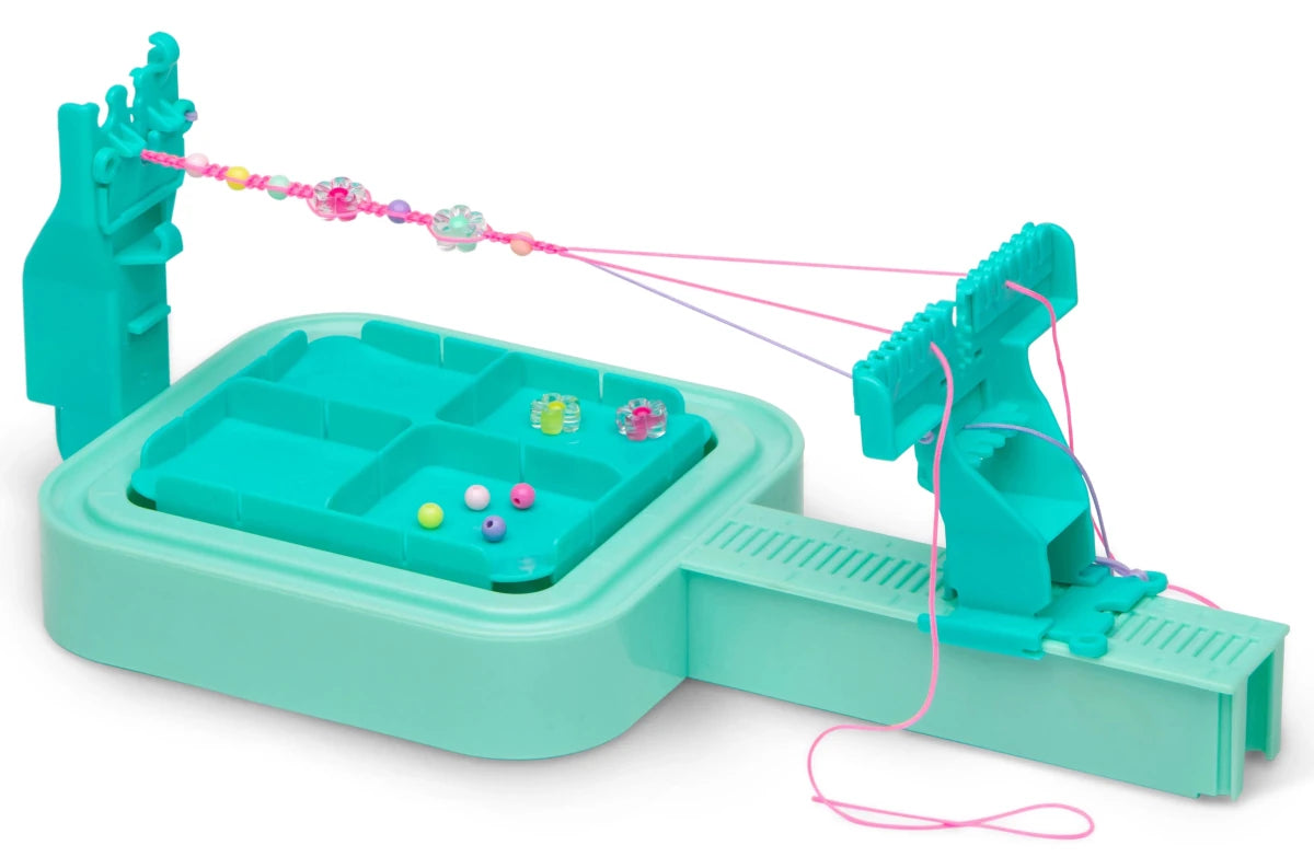 Wrapit Loom teal bracelet maker with pink string and small beads ready to weave