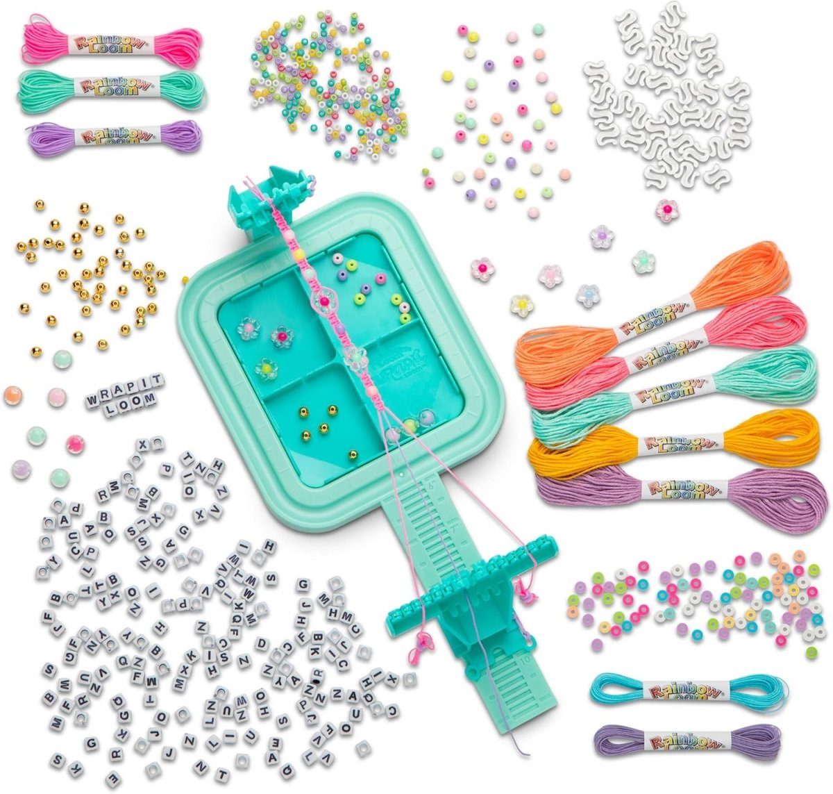 Teal Wrapit Loom tool with alphabet beads, small charms, and multicolor thread skeins