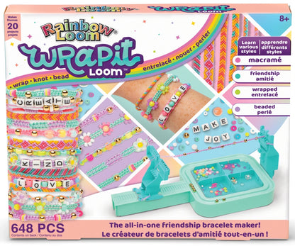 Rainbow Loom Wrapit Loom 648 pcs kit box with teal bracelet loom and bracelet examples