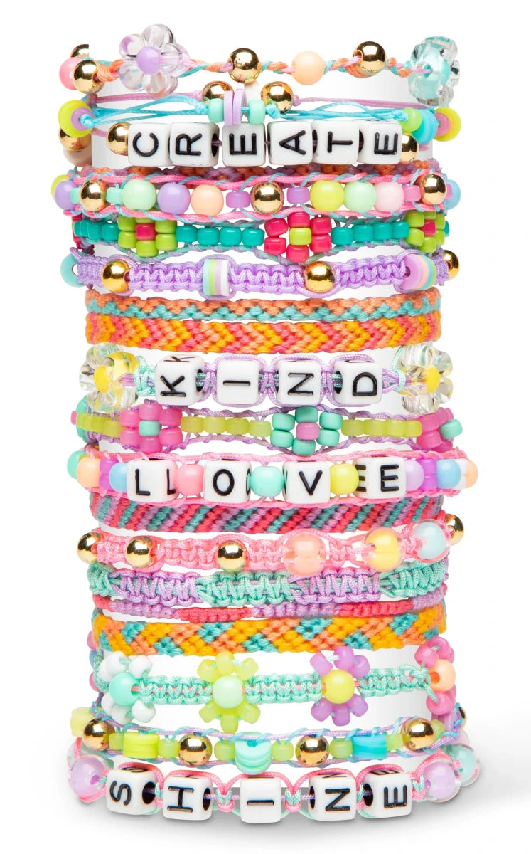 Stack of finished Wrapit Loom friendship bracelets with beads, charms, and letter beads