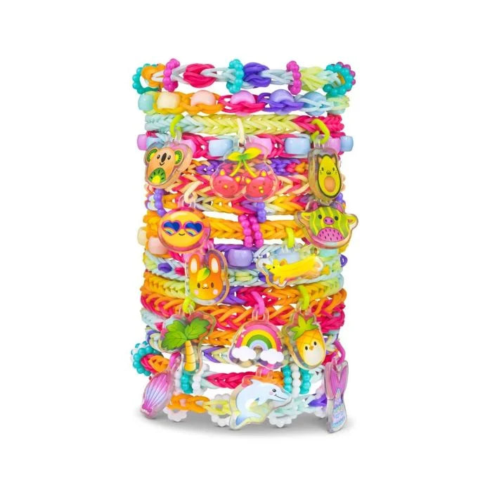 Tall multicolor charm rubber band bracelet stack with assorted animal and shell charms