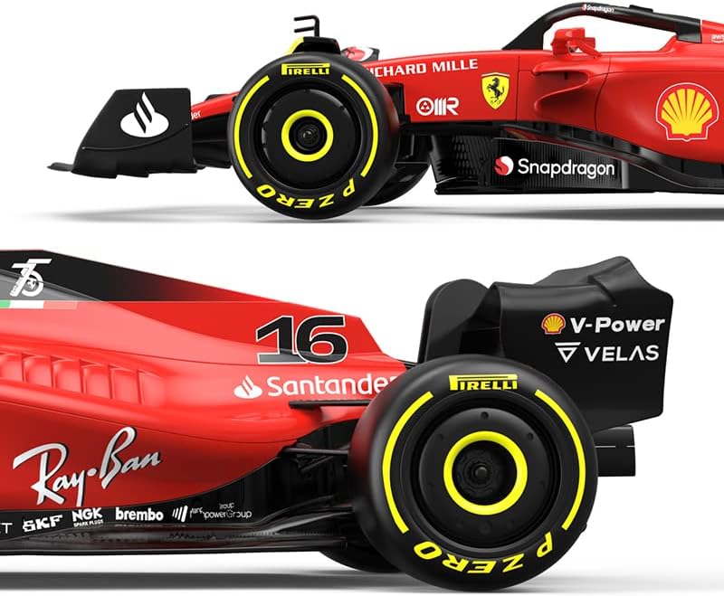 Ferrari F1 75 1:12 RC car side closeup, red body with black wheels and neon yellow rims