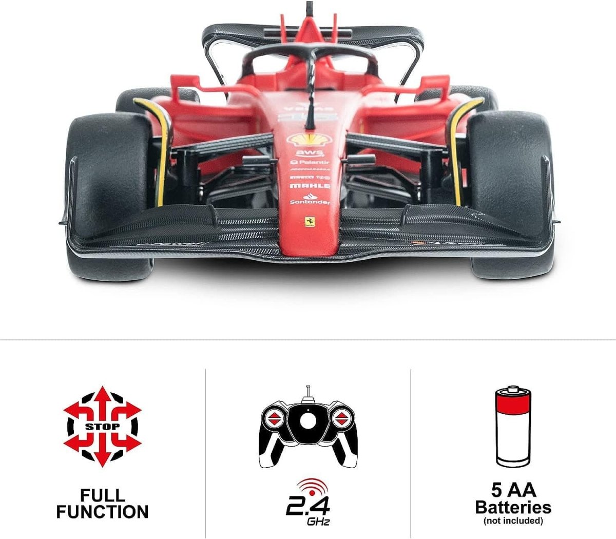 Ferrari F1 75 1:12 RC car front view with 2.4 GHz and 5 AA battery icons