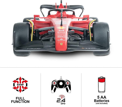 Ferrari F1 75 1:12 RC car front view with 2.4 GHz and 5 AA battery icons