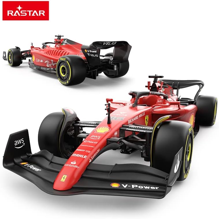 Ferrari F1 75 1:12 RC car two-angle view, red body with black front and rear wings