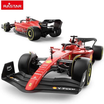 Ferrari F1 75 1:12 RC car two-angle view, red body with black front and rear wings