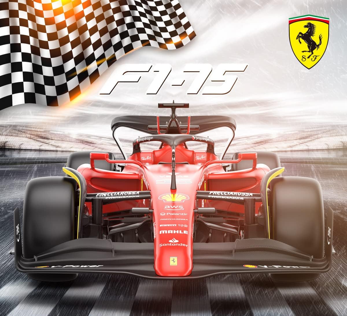 Ferrari F1 75 1:12 RC car front view, red cockpit and black wings with yellow rim detail