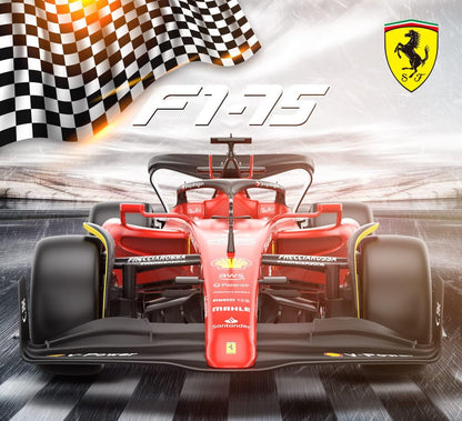 Ferrari F1 75 1:12 RC car front view, red cockpit and black wings with yellow rim detail