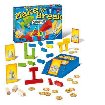 Make 'N' Break Junior game with blocks, cards and coin discs