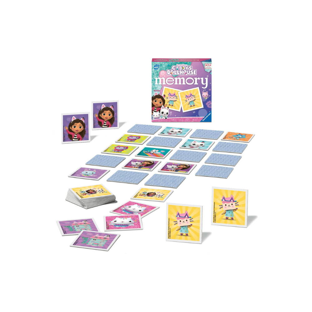 Memory card game set with many square cards and a small retail box