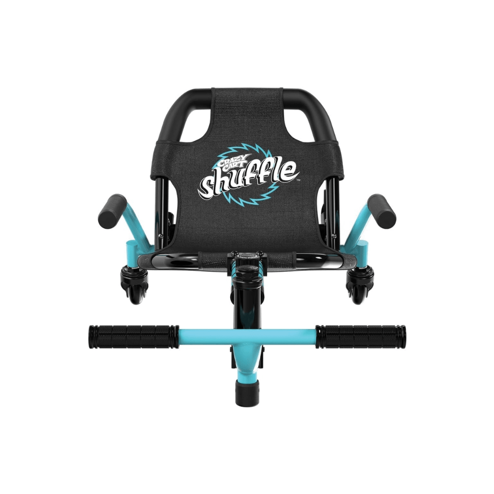 Shuffle go-kart front view with black seat, turquoise bar, and black grip handlebars