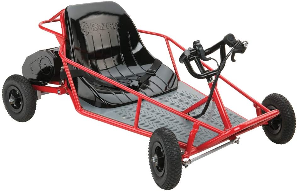 Red electric off-road dune buggy with black seat and front suspension