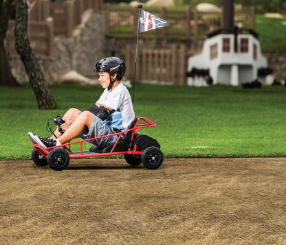 Child riding red electric off-road dune buggy scooter with black seat and helmet