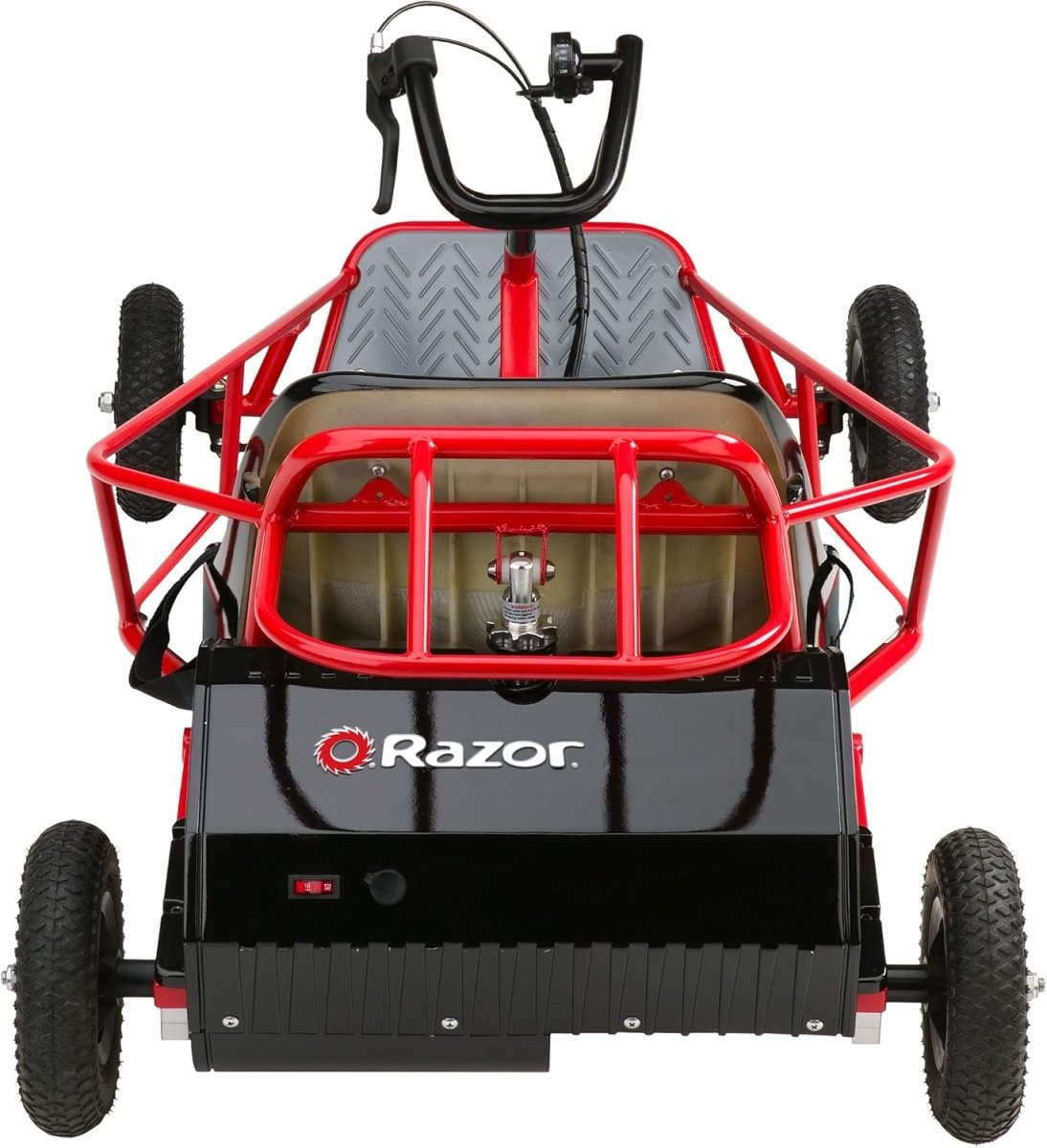 Rear view of red and black electric off-road dune buggy scooter, Razor logo